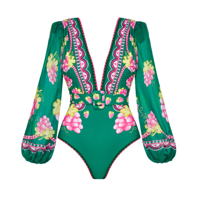 Women's Deep V-long Sleeved Retro Printed One Piece Swimsuit