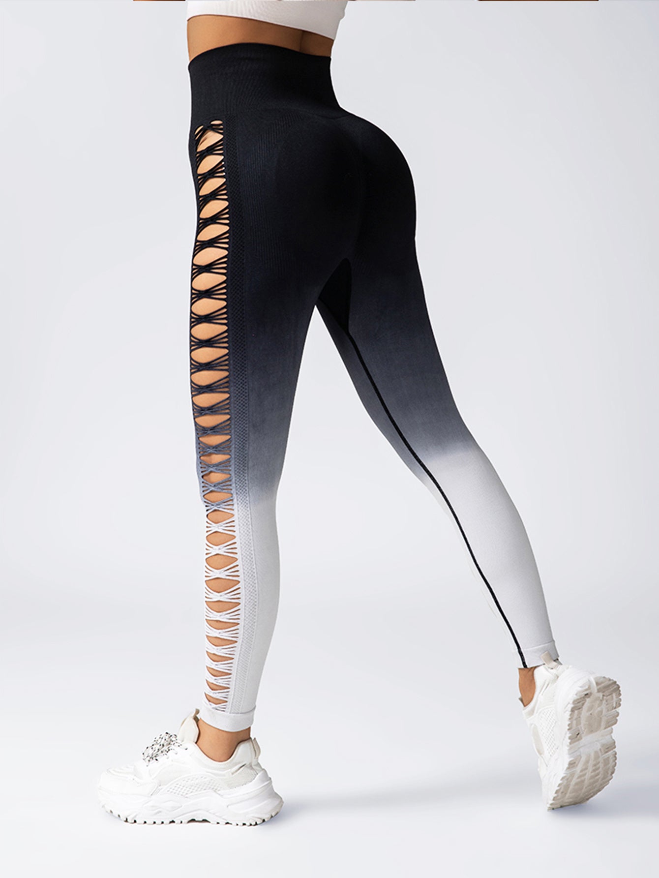 2 Pack Cut Out Ombre Gradient Color Hollow High-waist Butt-lifting Fitness Women's Yoga Pants, Women's High Waist Yoga Pants Cutout Ripped Super Soft And Comfortable Skinny