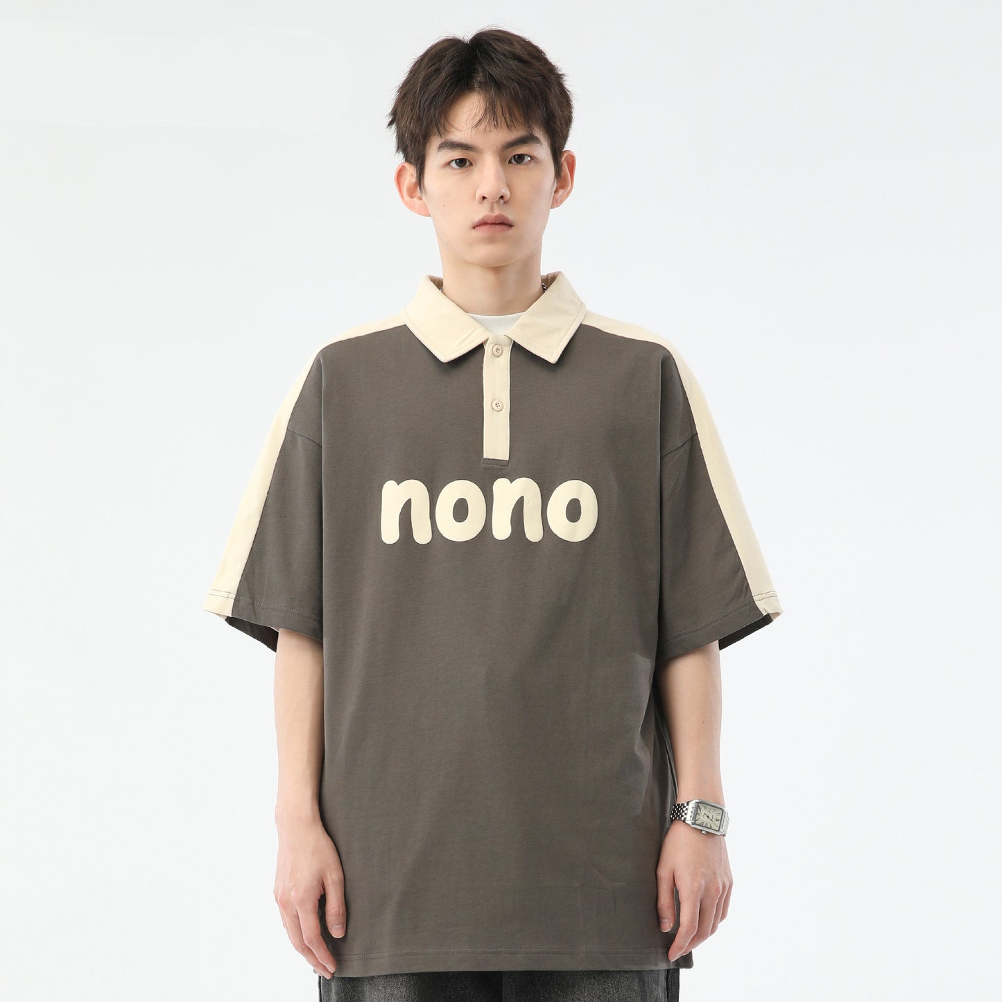 Men's Fashion Casual Cotton Lapel Color Matching Letter Print Short-sleeve