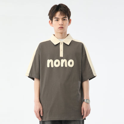 Men's Fashion Casual Cotton Lapel Color Matching Letter Print Short-sleeve