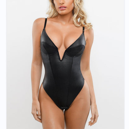 Deep V-neck Leather Slim-fit Jumpsuit