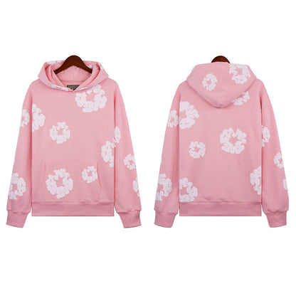 Flame Wood Cotton Puff Print Loose Velvet Padded Hooded Sweatshirt