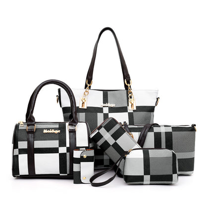 Autumn And Winter British Check Pattern Picture Mother Bag Six-piece Portable Large Bag Foreign Trade PU Leather Female Bag
