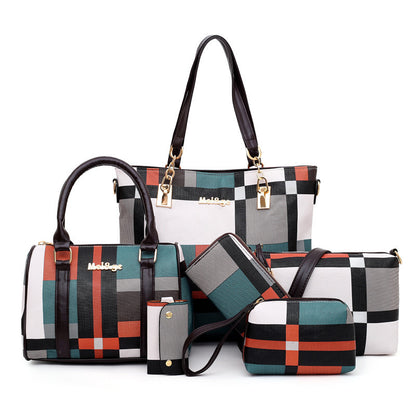Autumn And Winter British Check Pattern Picture Mother Bag Six-piece Portable Large Bag Foreign Trade PU Leather Female Bag