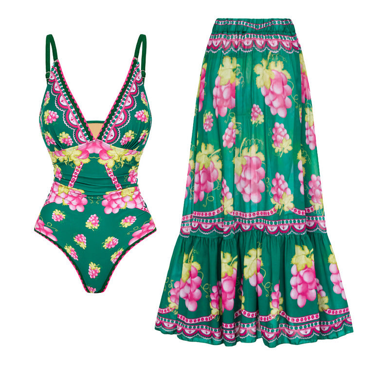 Women's Deep V-long Sleeved Retro Printed One Piece Swimsuit