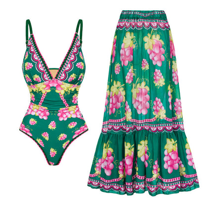 Women's Deep V-long Sleeved Retro Printed One Piece Swimsuit