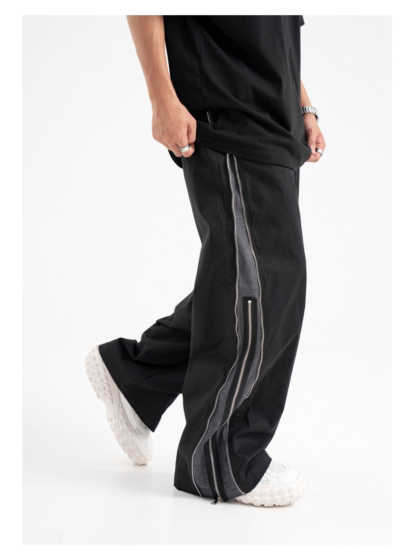 Double Layer Zipper Contrast Color Elastic Straight-leg Pants