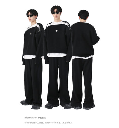 Korean Style Metal Buckle Hollow Design Knitted Sweater