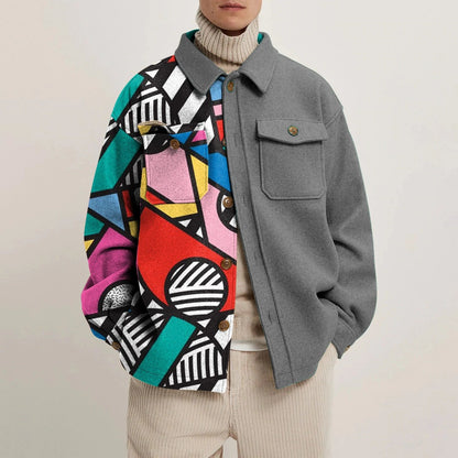 Men's Casual Fashion Vintage Printing Splicing Coat