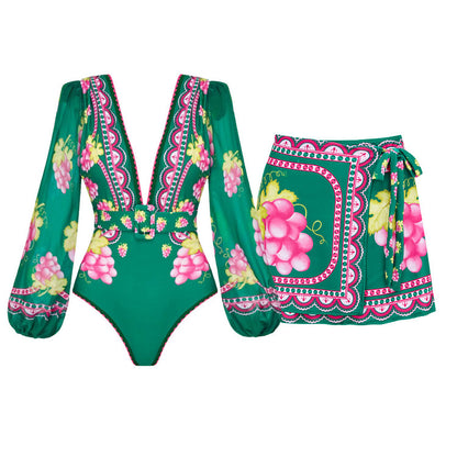 Women's Deep V-long Sleeved Retro Printed One Piece Swimsuit