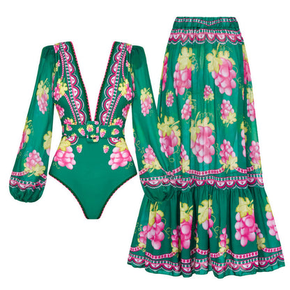 Women's Deep V-long Sleeved Retro Printed One Piece Swimsuit