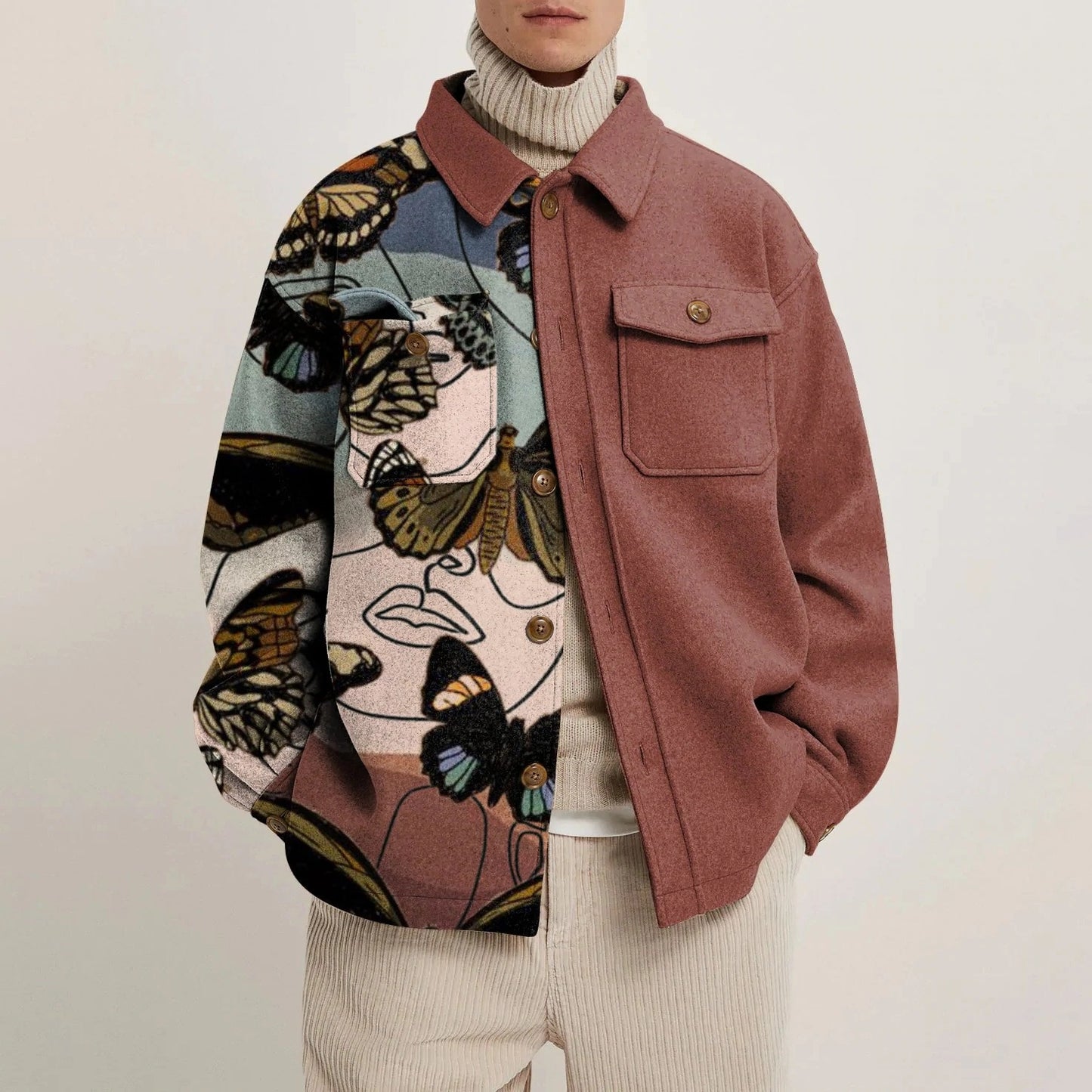 Men's Casual Fashion Vintage Printing Splicing Coat