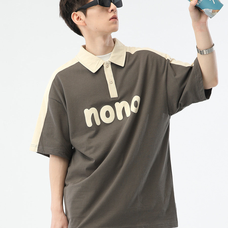 Men's Fashion Casual Cotton Lapel Color Matching Letter Print Short-sleeve