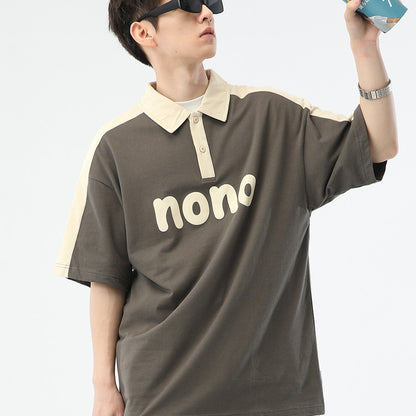 Men's Fashion Casual Cotton Lapel Color Matching Letter Print Short-sleeve