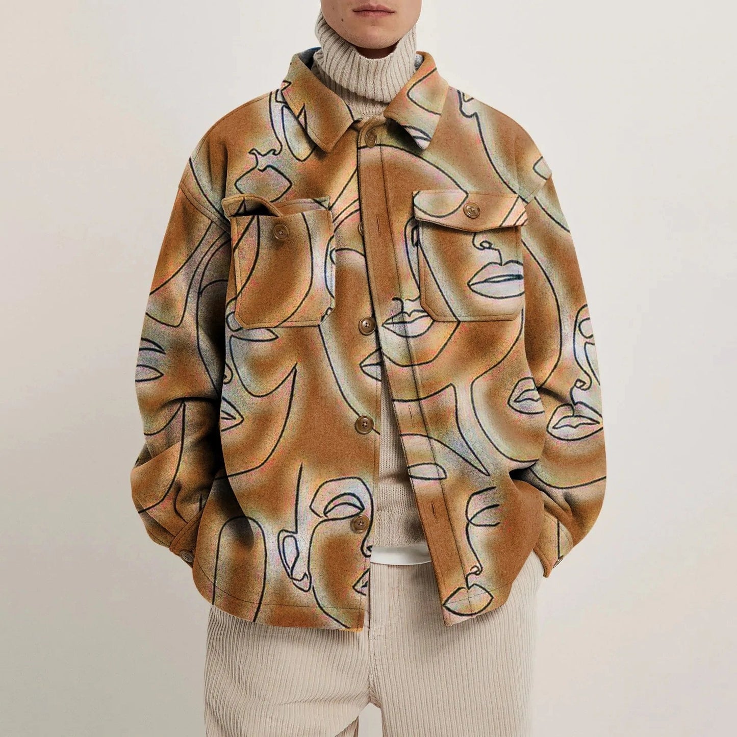 Men's Casual Fashion Vintage Printing Splicing Coat