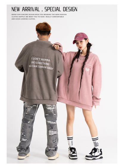 Street Patch Letter Three-dimensional Embroidered Deerskin Velvet Sweater