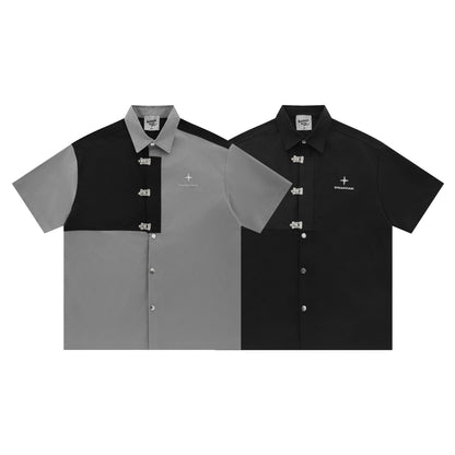 Short-sleeved Aircraft Buckle Shirt Men's And Women's Niche High Street Stitching Profile Shirt