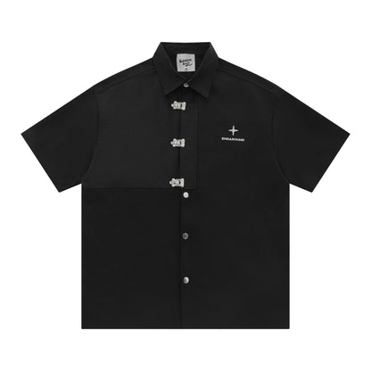 Short-sleeved Aircraft Buckle Shirt Men's And Women's Niche High Street Stitching Profile Shirt