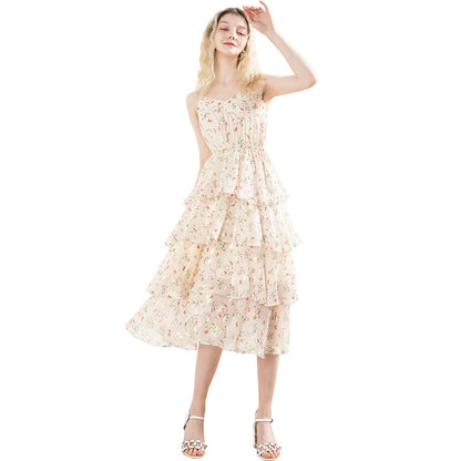 Chiffon Suspender Skirt Floral Multi-layer