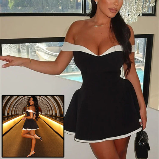 Women's Black And White Patchwork Summer Dress Y2K Trend Slash Neck Backless Sweet Girl Chic Ruched Mini Bodycon Streetwear