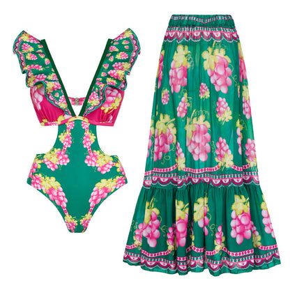 Women's Deep V-long Sleeved Retro Printed One Piece Swimsuit