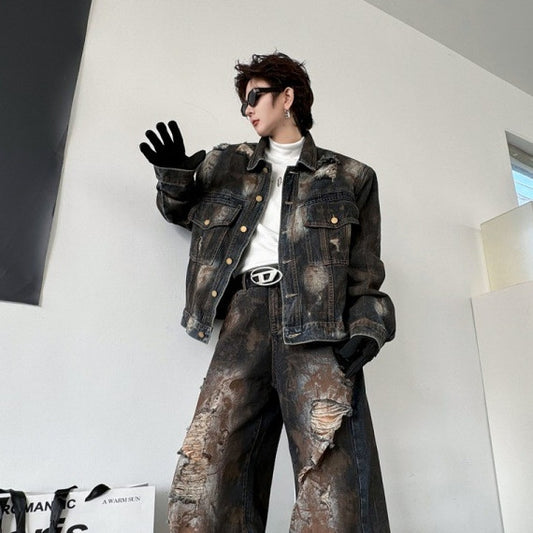 Painting Do The Old Cowboy Jacket Ripped Denim Trousers Men Loose Outfit