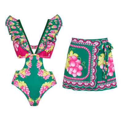Women's Deep V-long Sleeved Retro Printed One Piece Swimsuit