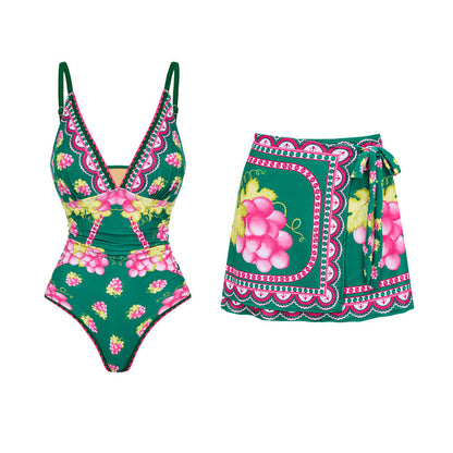 Women's Deep V-long Sleeved Retro Printed One Piece Swimsuit