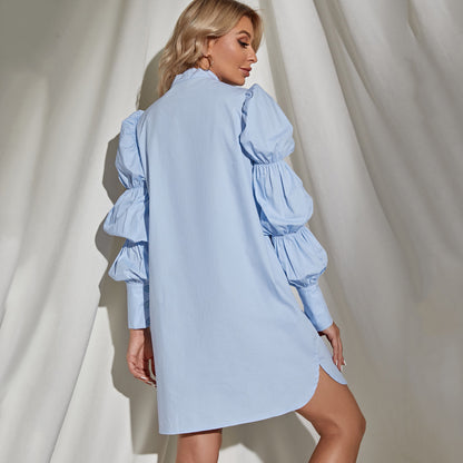 Puff Sleeve Shirt Dress Long Sleeve Solid Color