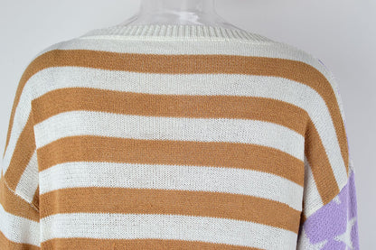 Plus Size Women's Loose Striped Sweater Long Sleeve Color Matching Round Neck Sweater