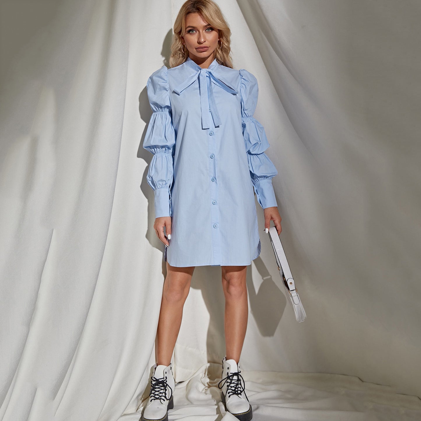 Puff Sleeve Shirt Dress Long Sleeve Solid Color