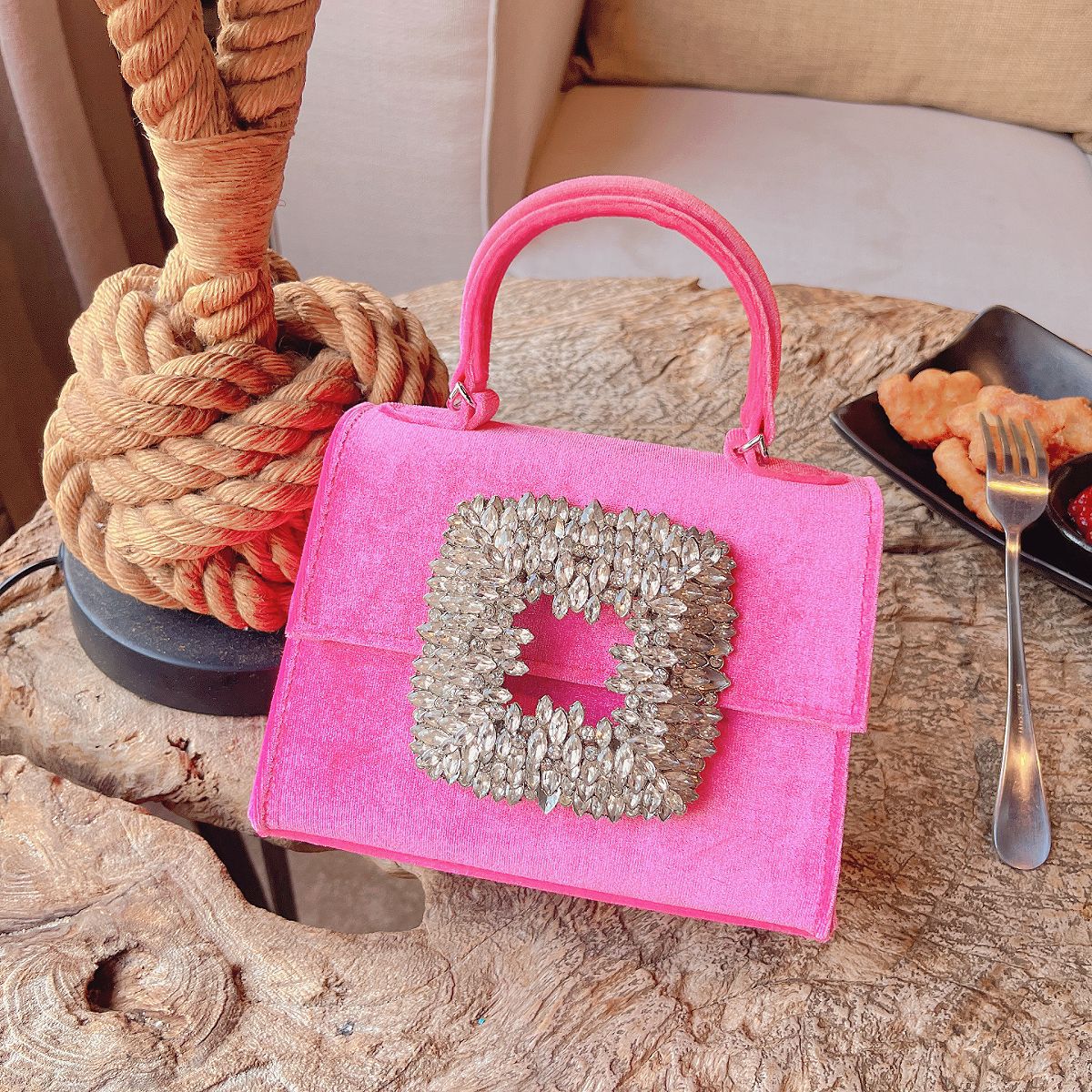 Flower Velvet Diamond Small Square Dinner Full Diamond Portable Messenger Bag
