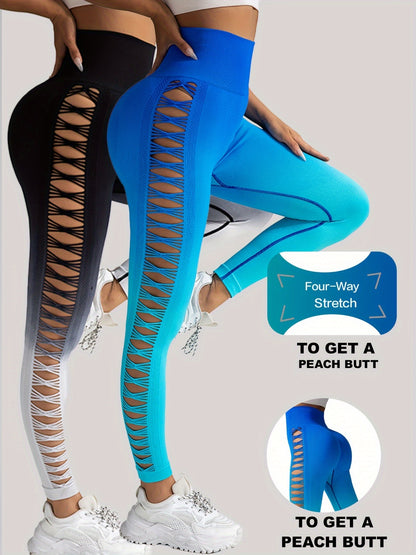 2 Pack Cut Out Ombre Gradient Color Hollow High-waist Butt-lifting Fitness Women's Yoga Pants, Women's High Waist Yoga Pants Cutout Ripped Super Soft And Comfortable Skinny