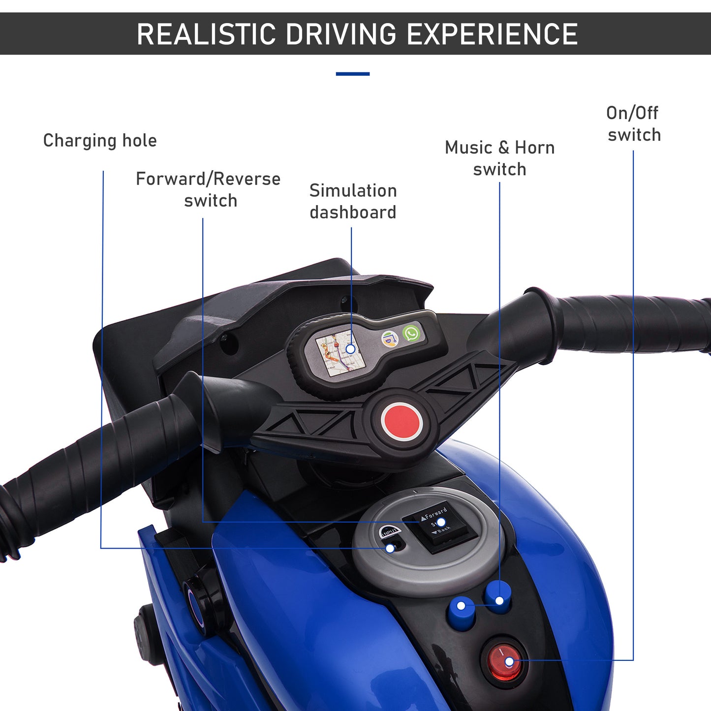 Electric Motorbike For Kids 6V Ride-On Motorcycle Toy With Music Horn Headlights Blue