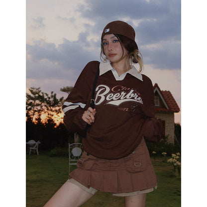 American College Style POLO Collar Sweater Woman