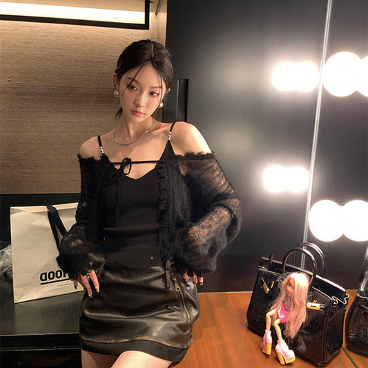 Brushed PU Leather Skirt Women's Autumn Retro A- Line