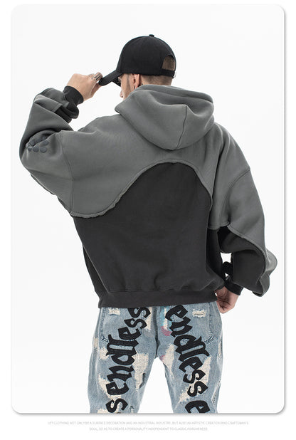 Stitching Contrast Color Velvet Padded Hooded Sweatshirt