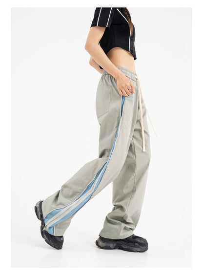 Double Layer Zipper Contrast Color Elastic Straight-leg Pants