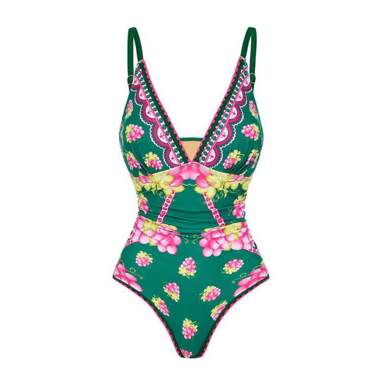 Women's Deep V-long Sleeved Retro Printed One Piece Swimsuit