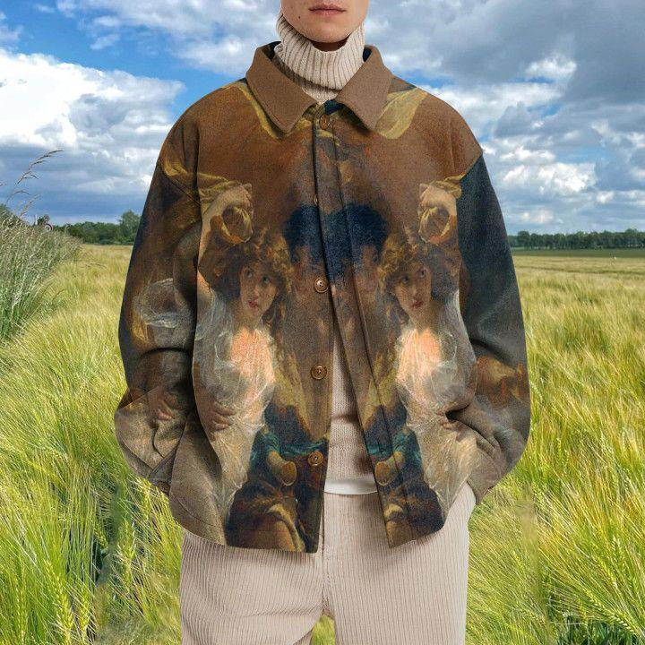 Men's Casual Fashion Vintage Printing Splicing Coat