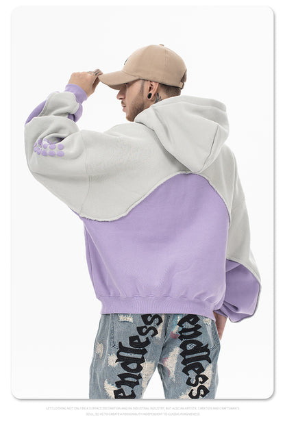 Stitching Contrast Color Velvet Padded Hooded Sweatshirt
