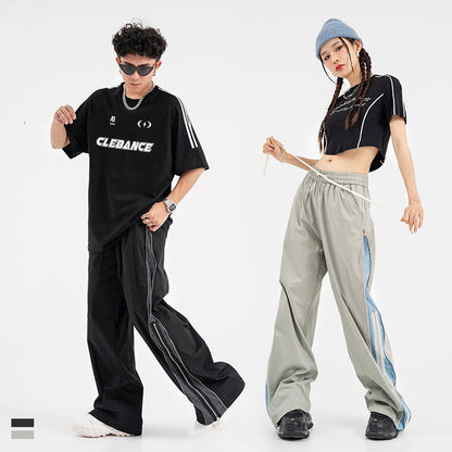 Double Layer Zipper Contrast Color Elastic Straight-leg Pants