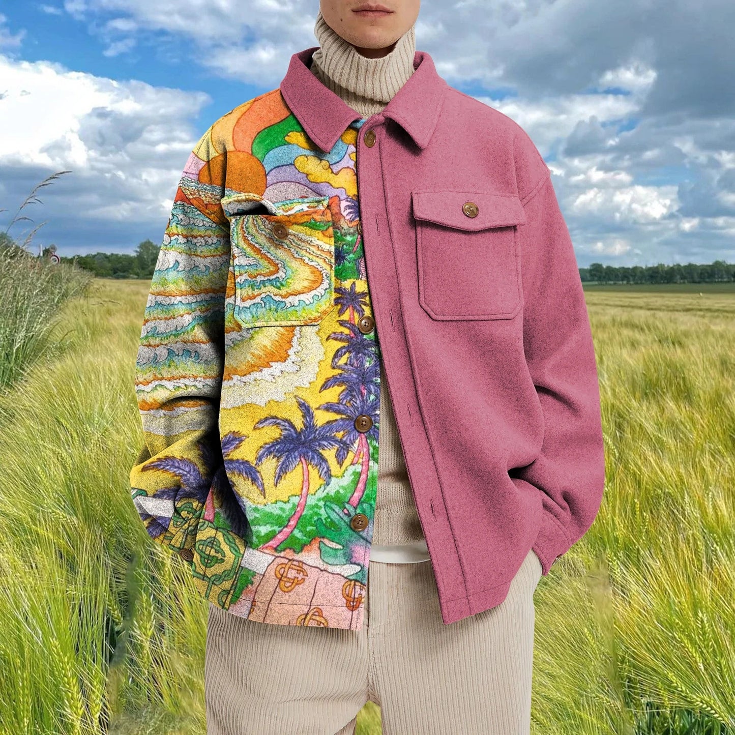 Men's Casual Fashion Vintage Printing Splicing Coat