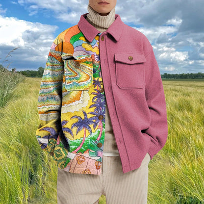 Men's Casual Fashion Vintage Printing Splicing Coat