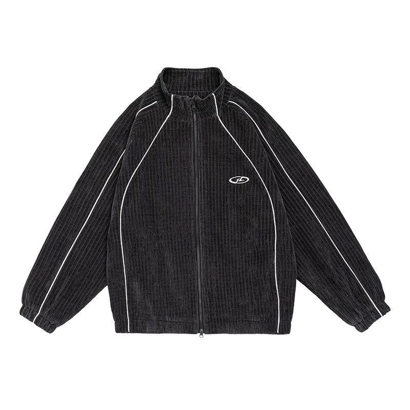 Retro Autumn Japanese Color Matching Chenille Stand-up Collar Cardigan Coat