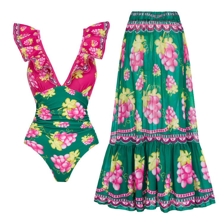 Women's Deep V-long Sleeved Retro Printed One Piece Swimsuit