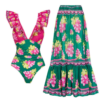 Women's Deep V-long Sleeved Retro Printed One Piece Swimsuit