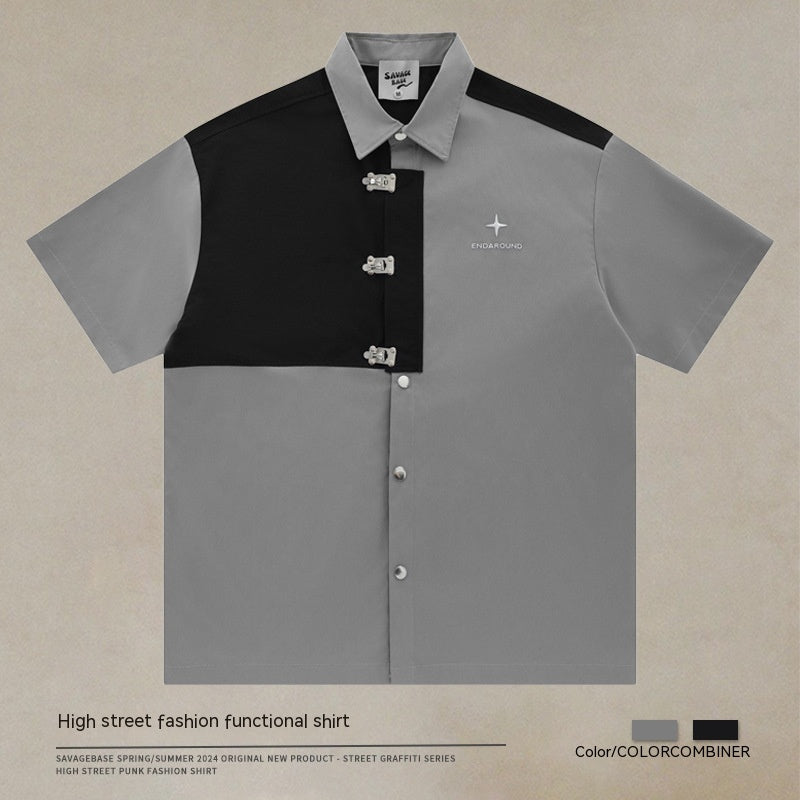 Short-sleeved Aircraft Buckle Shirt Men's And Women's Niche High Street Stitching Profile Shirt