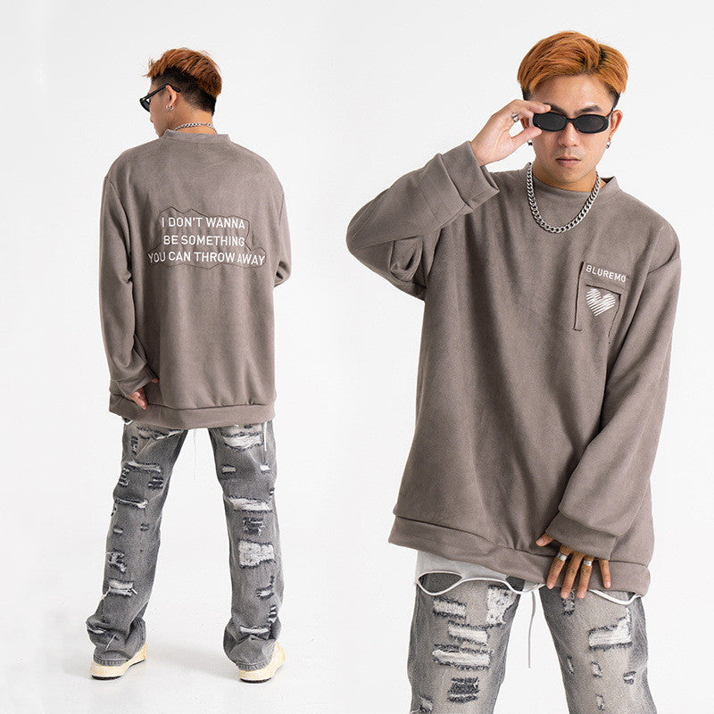 Street Patch Letter Three-dimensional Embroidered Deerskin Velvet Sweater