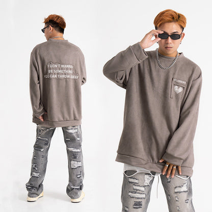 Street Patch Letter Three-dimensional Embroidered Deerskin Velvet Sweater